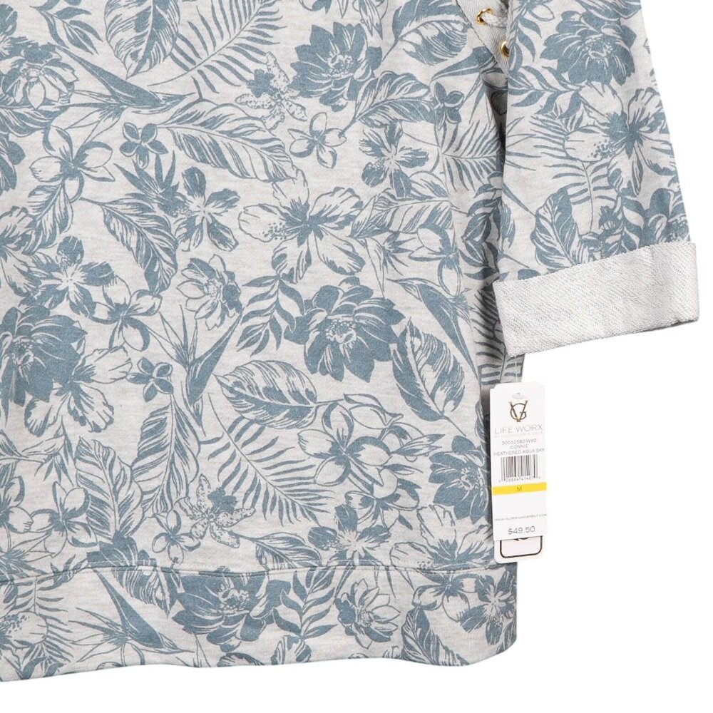 Life Worx Floral Print Top Sweatshirt M Lace Up 3/4 Sleeves Cotton Blue Gray - Picture 3 of 6